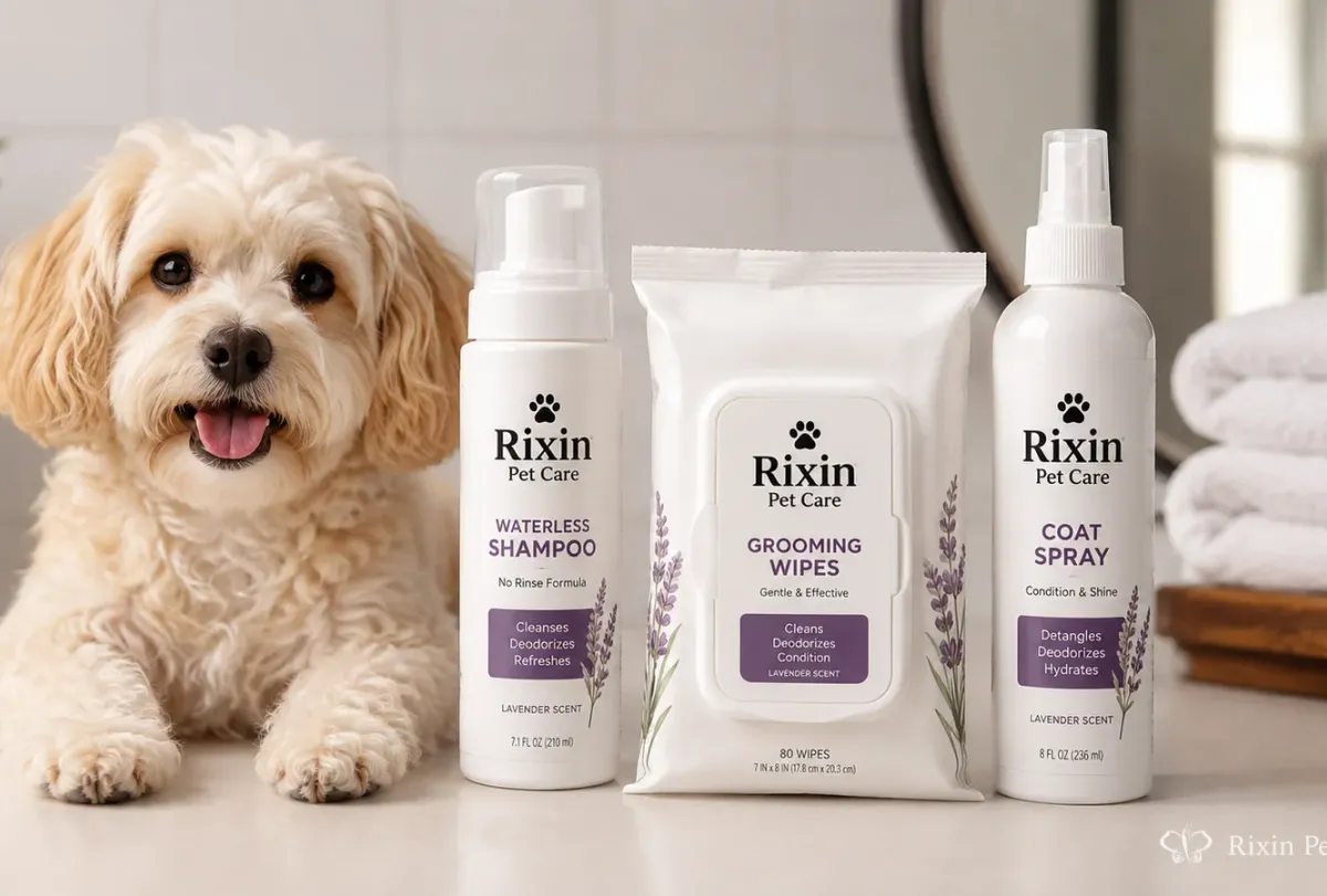 Rixin Pet Care waterless shampoo, grooming wipes, and coat spray displayed with a dog for a between-bath product comparison.