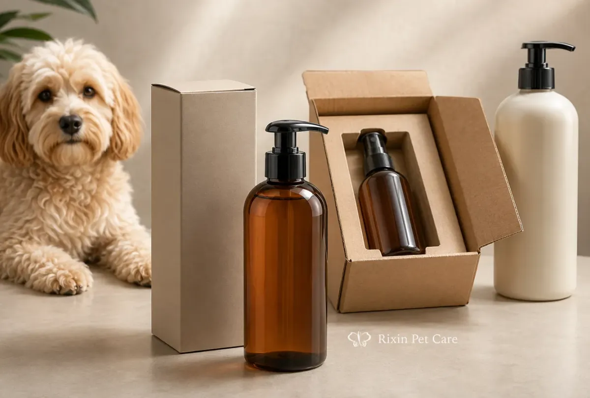 Refined private label pet grooming packaging directions with a calm cat or dog beside the main packaging scene.