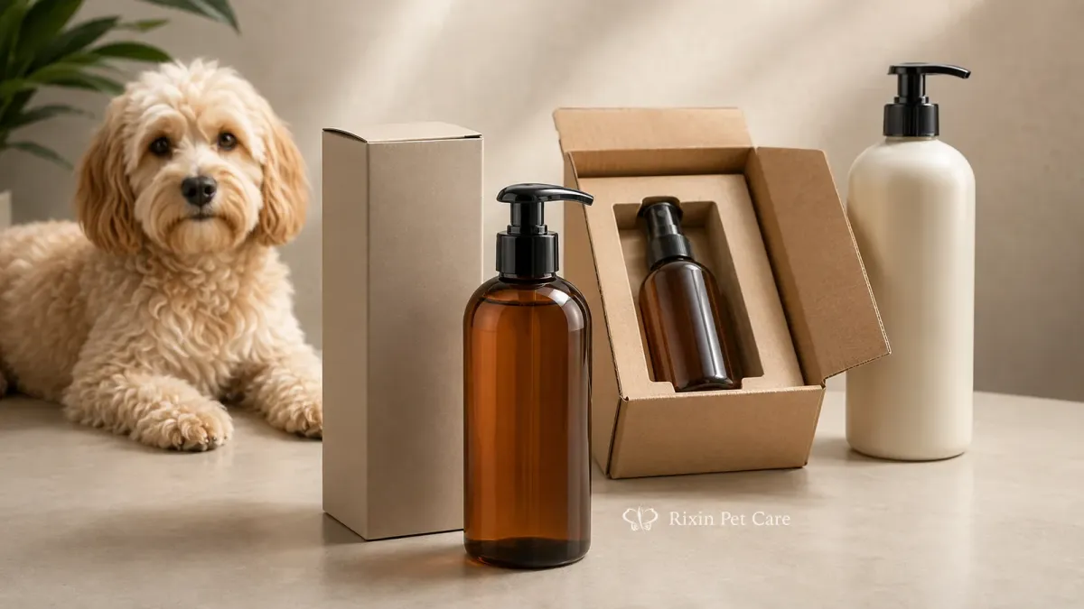 Refined private label pet grooming packaging directions with a calm cat or dog beside the main packaging scene.