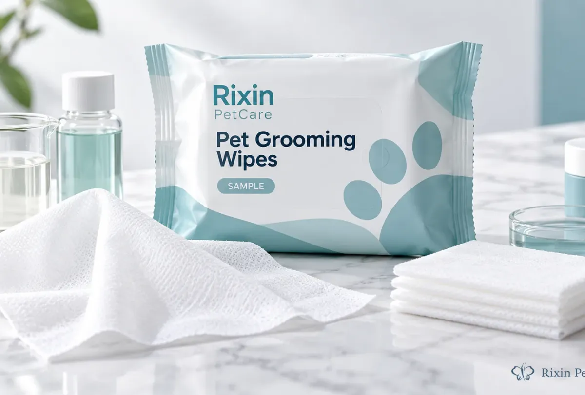 Conceptual private label pet grooming wipes sample pack with an unfolded wipe, folded sheets, and a neutral liquid sample for pre-sampling product specification planning.
