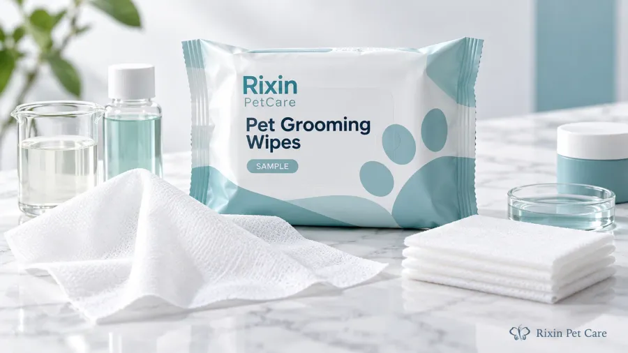 Conceptual private label pet grooming wipes sample pack with an unfolded wipe, folded sheets, and a neutral liquid sample for pre-sampling product specification planning.