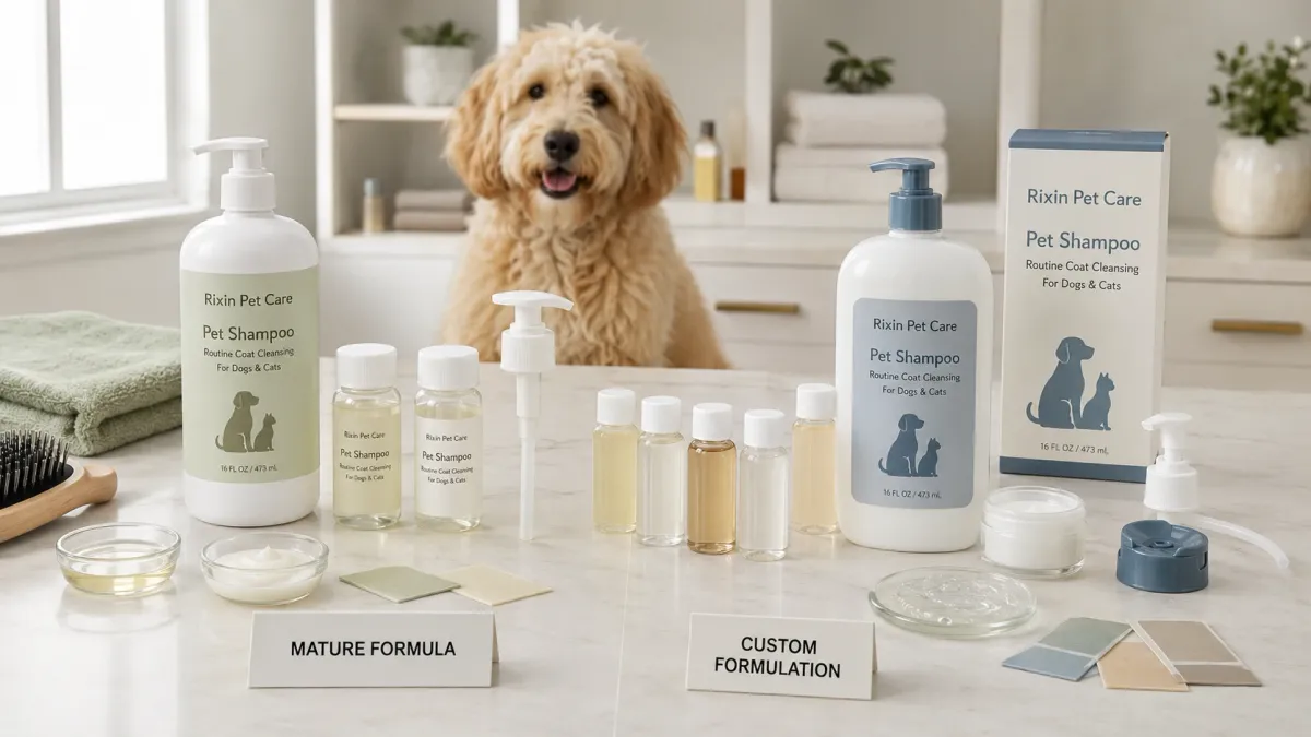 Mature and custom pet grooming formula routes compared through product development packaging