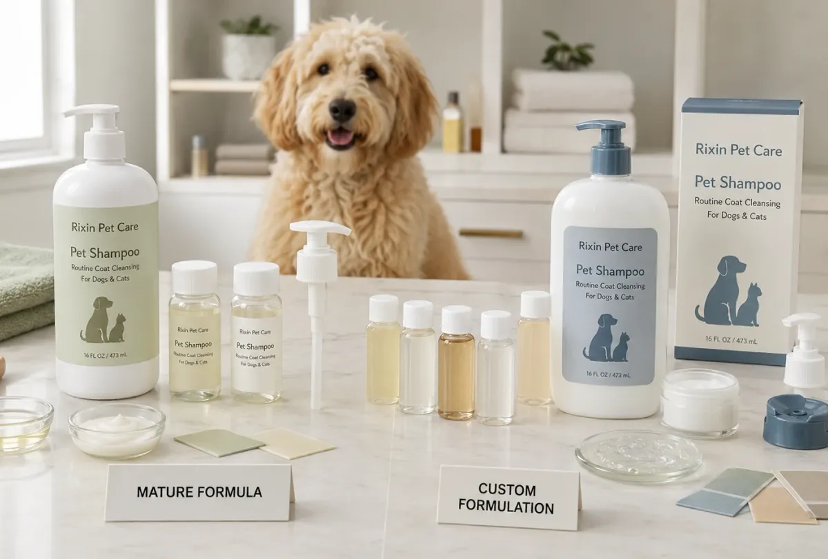 Established and custom pet grooming formula routes compared for product development