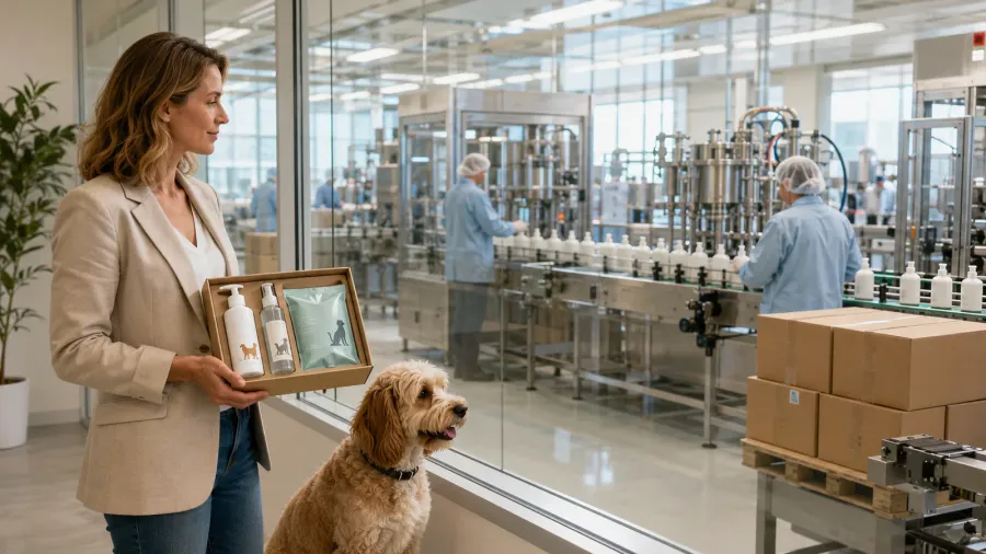 Brand owner reviewing pet grooming product samples beside a dog while observing a clean manufacturing line through glass