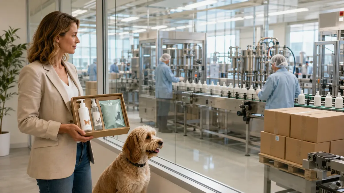 Brand owner reviewing pet grooming product samples beside a dog while observing a clean manufacturing line through glass