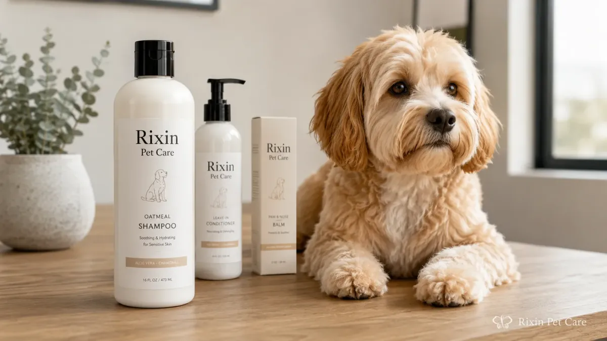 Dog beside Rixin Pet Care grooming products arranged as a focused first-line private label launch.
