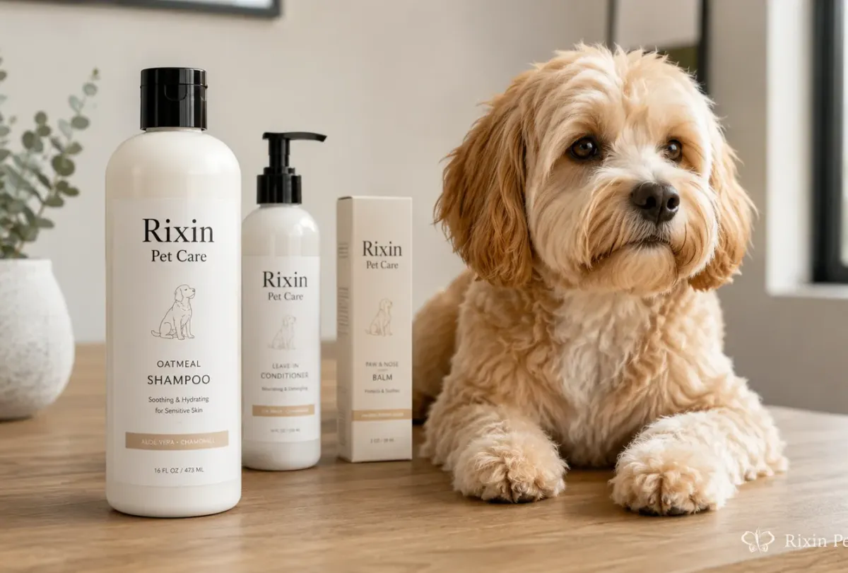Dog beside Rixin Pet Care grooming products arranged as a focused first-line private label launch.