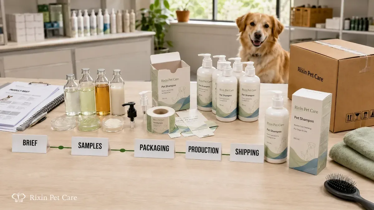 Pet grooming product development timeline from initial brief through samples, packaging, production, and shipping
