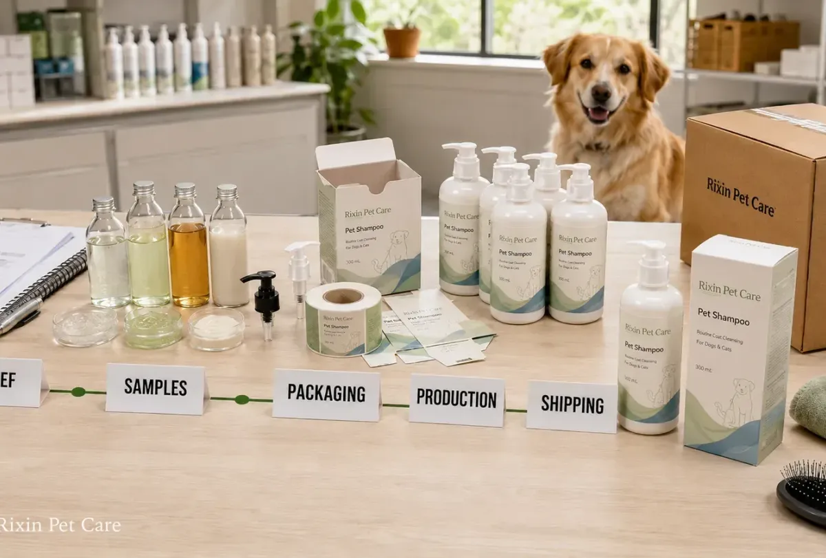 Pet grooming product development timeline from initial brief through samples, packaging, production, and shipping