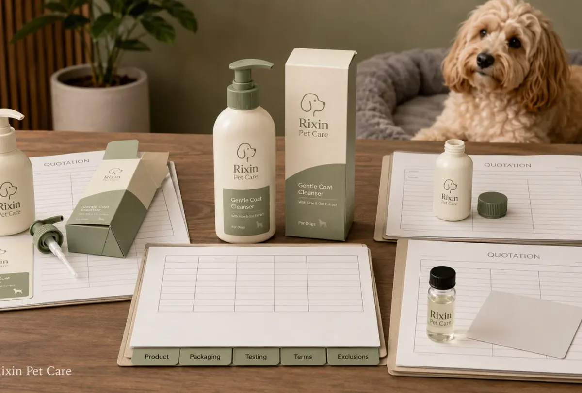 Rixin Pet Care packaging reviewed beside manufacturer quotations with product, packaging, testing, terms, and exclusions tabs.