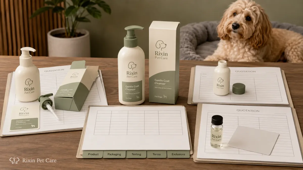 Rixin Pet Care packaging reviewed beside manufacturer quotations with product, packaging, testing, terms, and exclusions tabs.