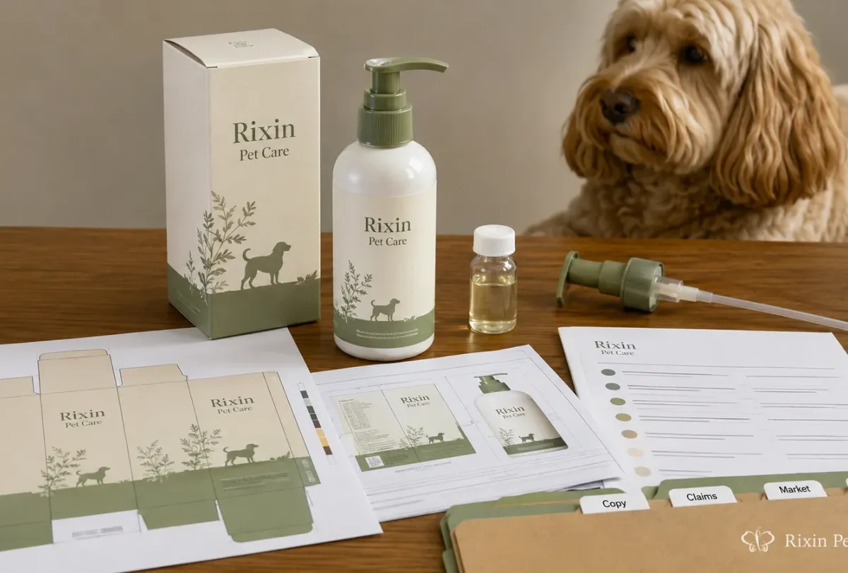 Rixin Pet Care packaging reviewed beside controlled copy, claims, market, and artwork files with a dog nearby.