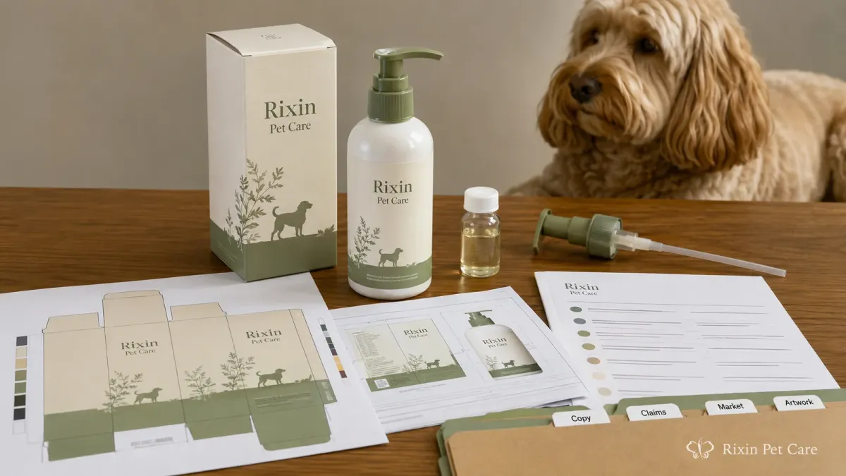Rixin Pet Care packaging reviewed beside controlled copy, claims, market, and artwork files with a dog nearby.