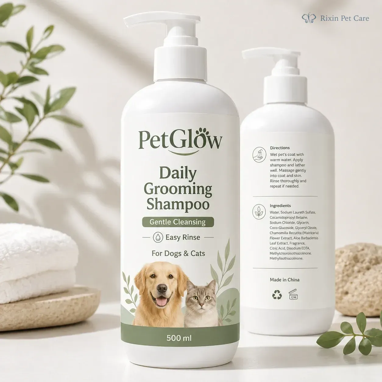 Daily grooming shampoo product direction with bottle and formula planning materials