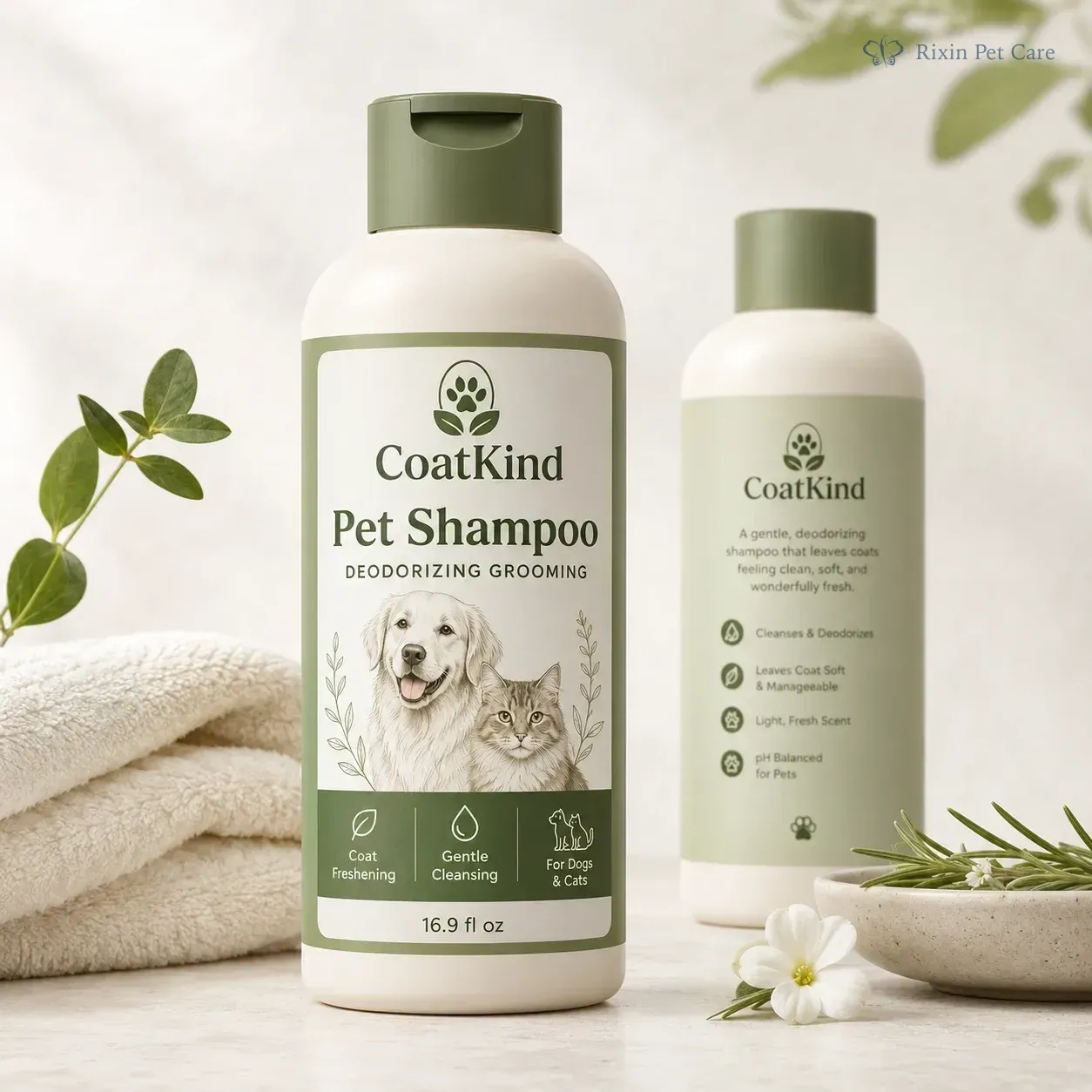 Deodorizing grooming shampoo direction with pet-care packaging references