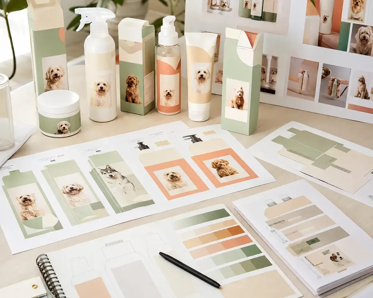 Pet grooming packaging design progress with bottle mockups, carton layouts, and color palette review materials