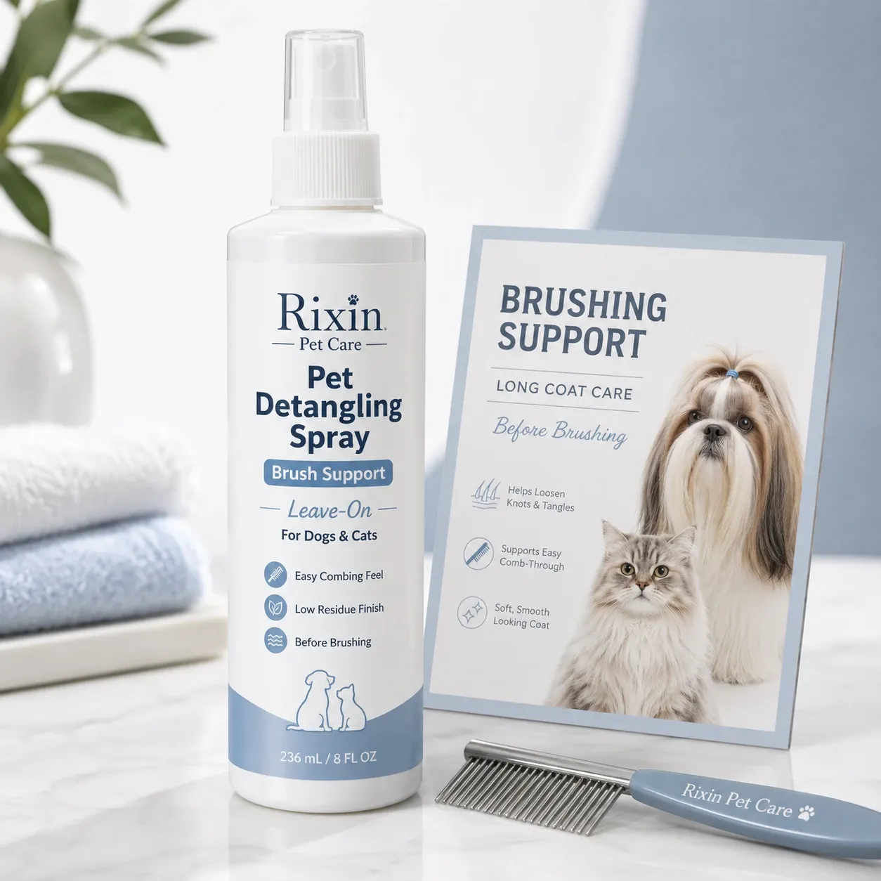 Rixin Pet Care pet detangling spray bottle with brushing support board, long-coat care messaging, and metal grooming comb