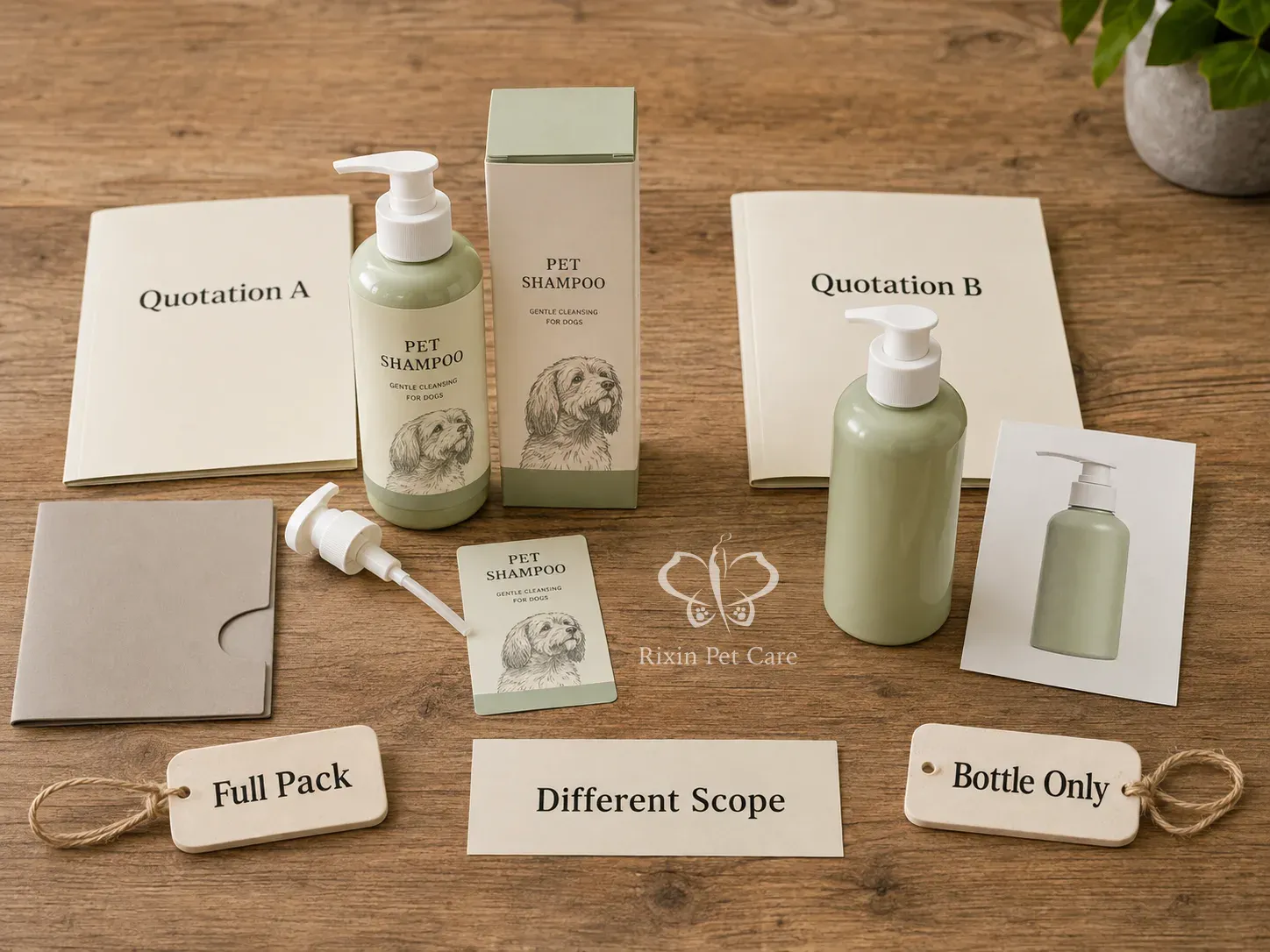Two pet grooming manufacturer quotations shown with different packaging and service scope.