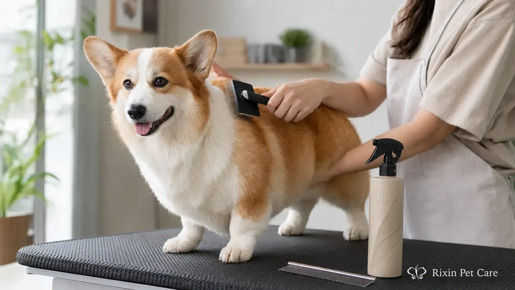 Double-coated dog being brushed during routine grooming