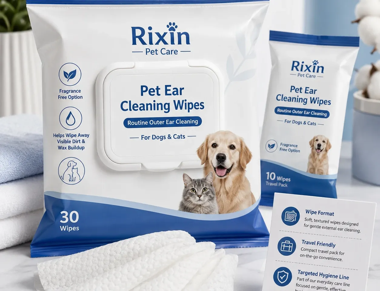 Rixin Pet Care pet ear cleaning wipes in standard and travel packs with textured wipes and a format information sign