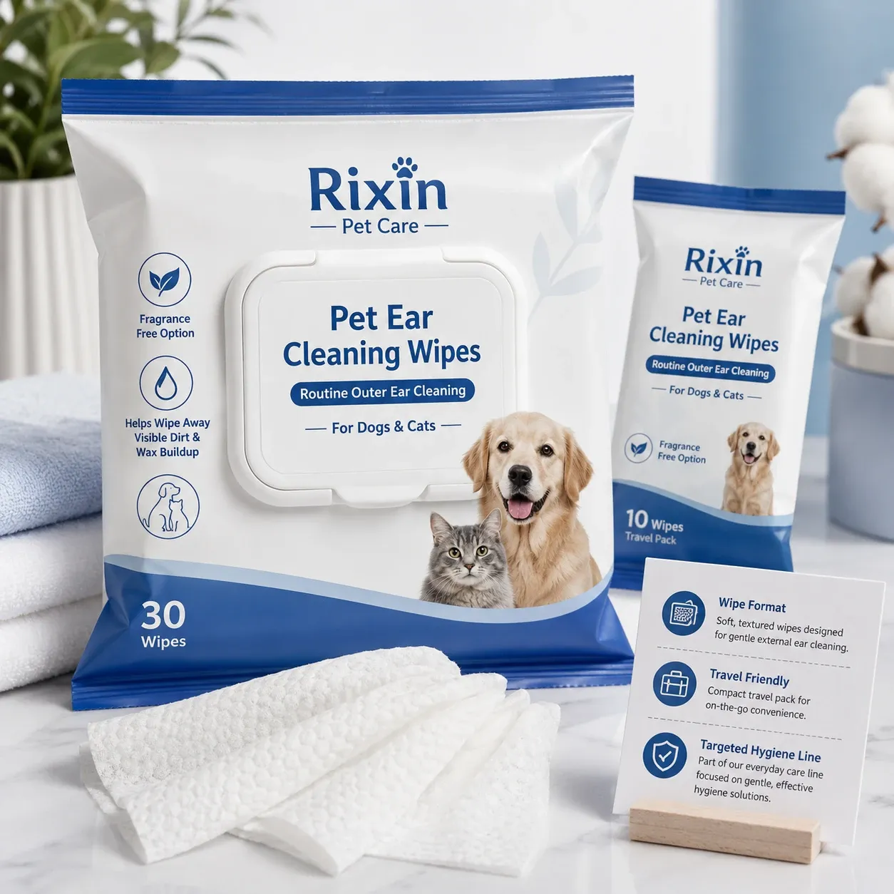 Rixin Pet Care ear cleaning wipes in standard and travel packs with textured wipes displayed in front