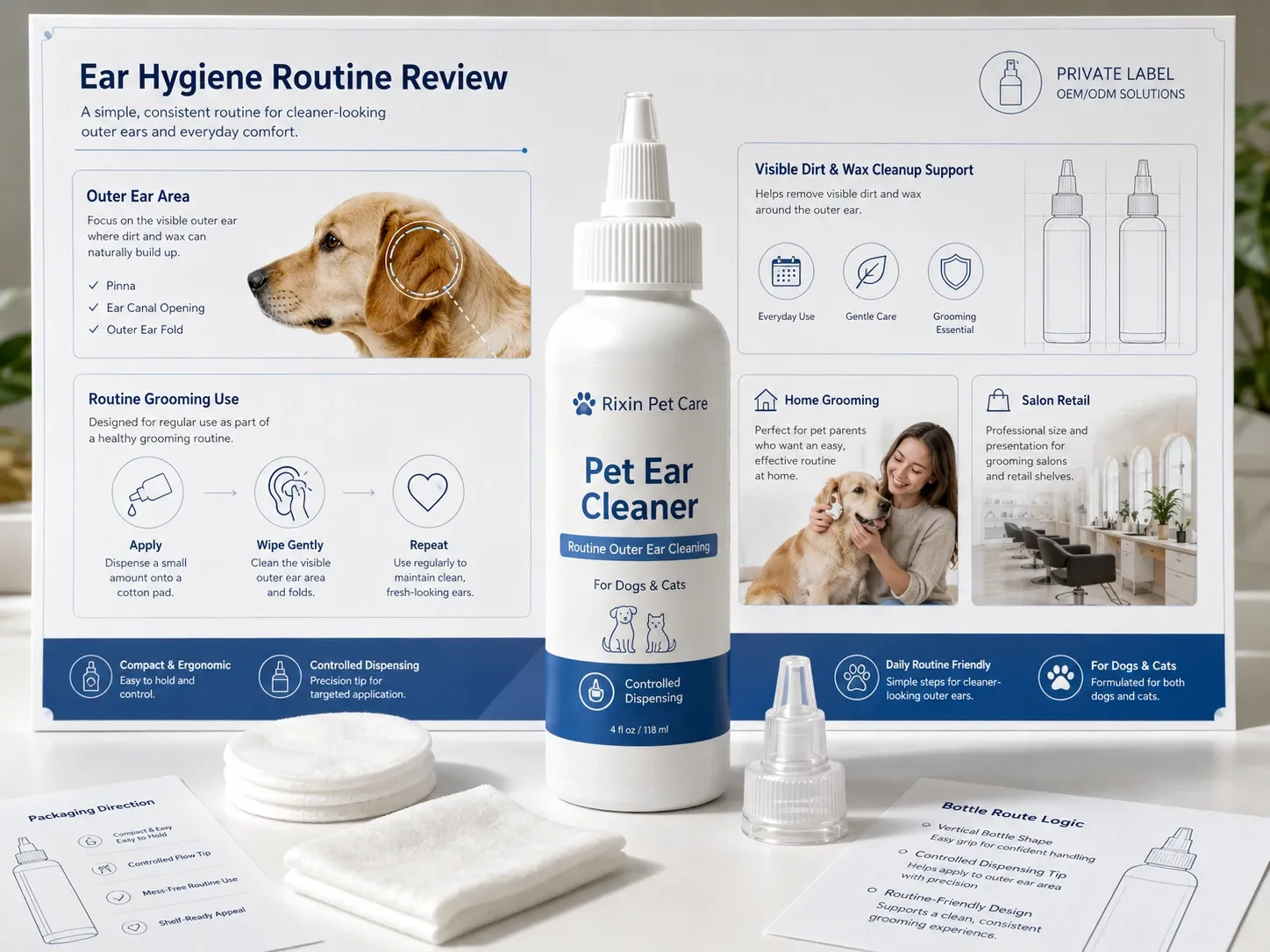 Rixin Pet Care ear hygiene routine review board with pet ear cleaner bottle, cotton pads, closure sample, and routine-use instruction panels