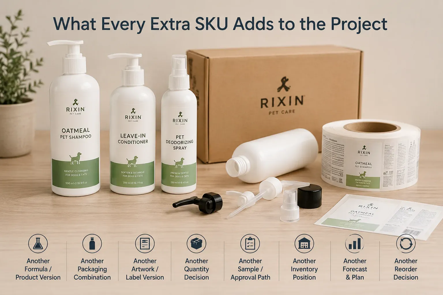 Rixin Pet Care product prototypes shown with separate closures, cartons, and packaging components for additional SKUs.