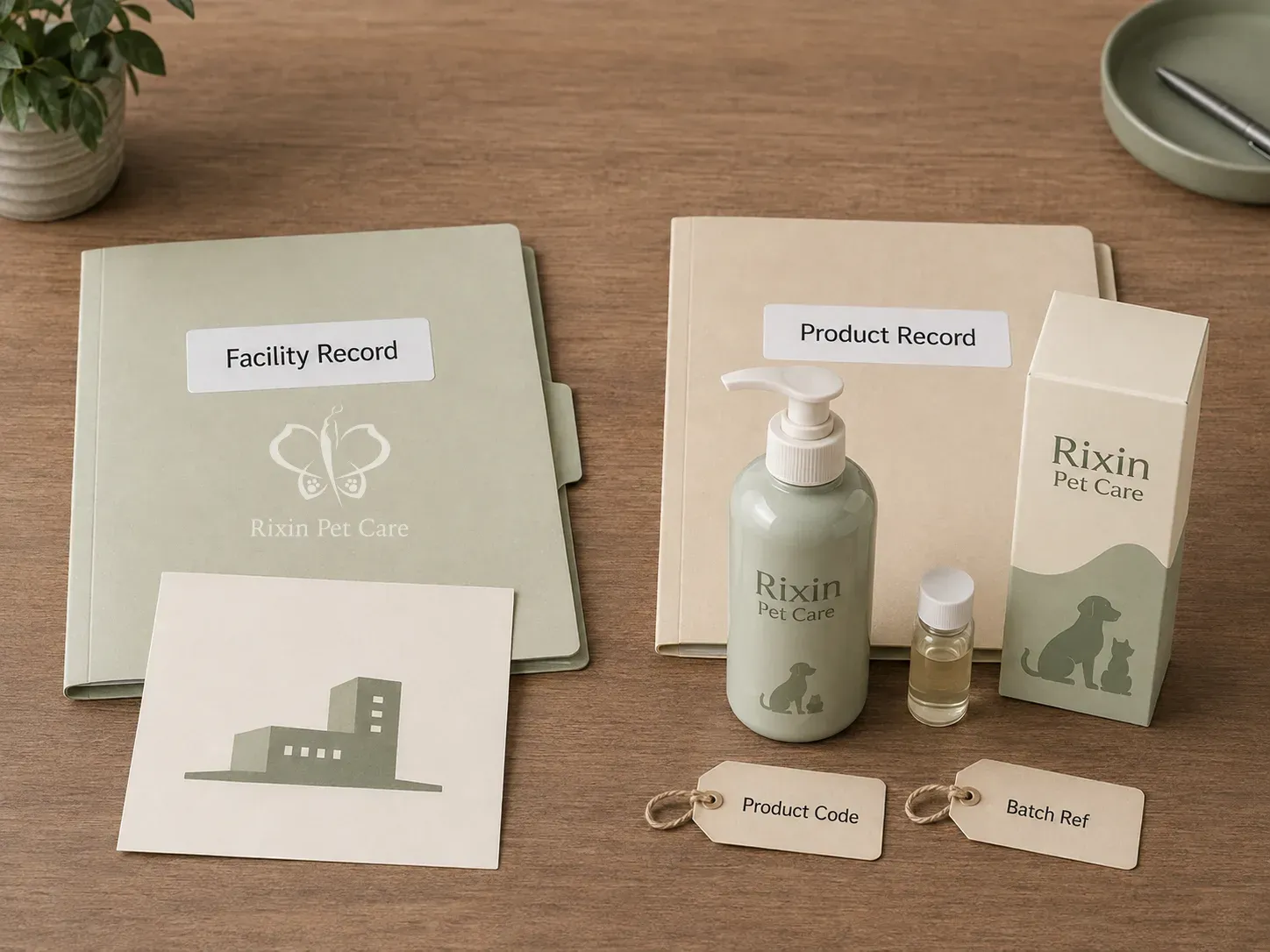 Facility Record separated from a Product Record containing a Rixin Pet Care bottle, carton, formula vial, product code, and batch reference.