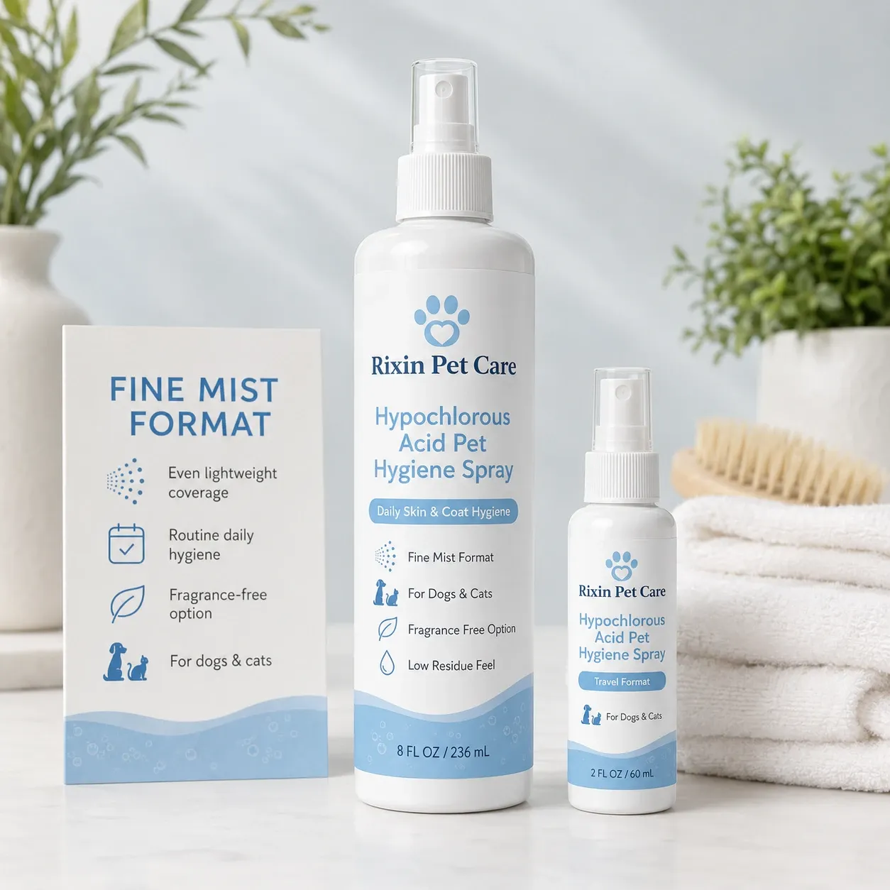 Fine-mist HOCl pet hygiene spray bottles and packaging format references