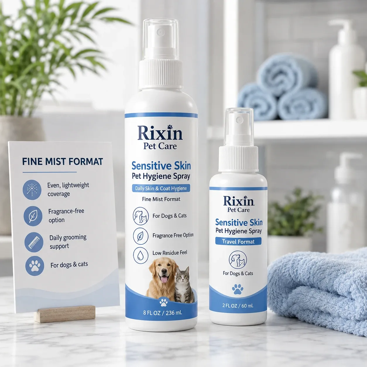 Rixin Pet Care sensitive skin pet hygiene spray fine mist format with standard and travel bottles, folded towel, and fine mist format display card