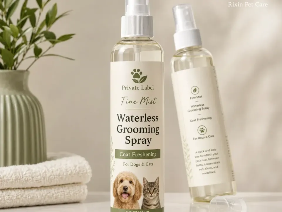 Fine mist waterless pet grooming spray bottles for between-bath coat freshening