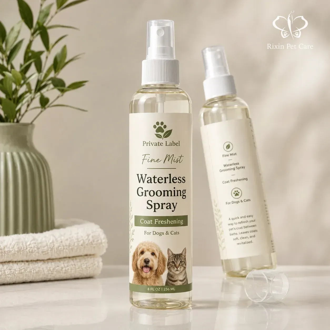 Fine mist waterless grooming spray bottles for private label pet coat freshening