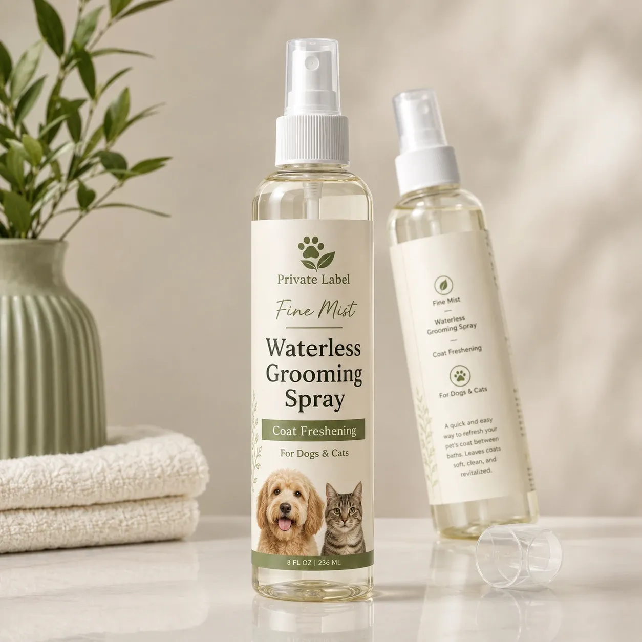 Fine mist waterless grooming spray bottles for private label pet coat freshening