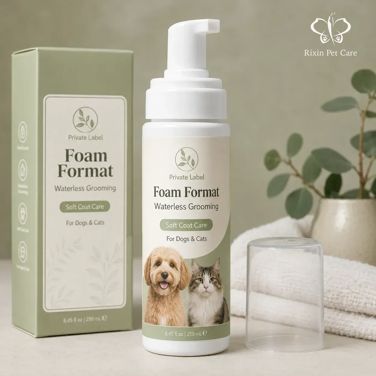 Foam pump waterless grooming bottle with coordinated carton packaging
