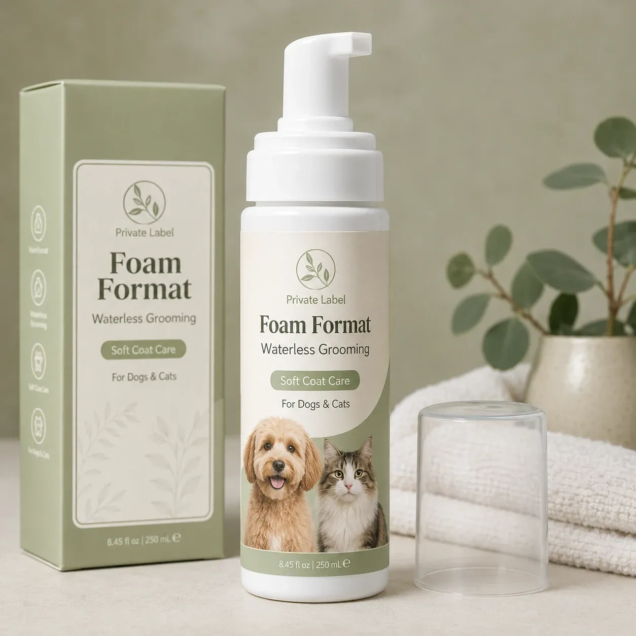Foam pump waterless grooming bottle with coordinated carton packaging