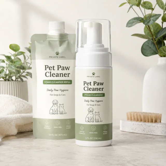 Pet paw cleaner foam cleanser bottle shown with refill pouch packaging