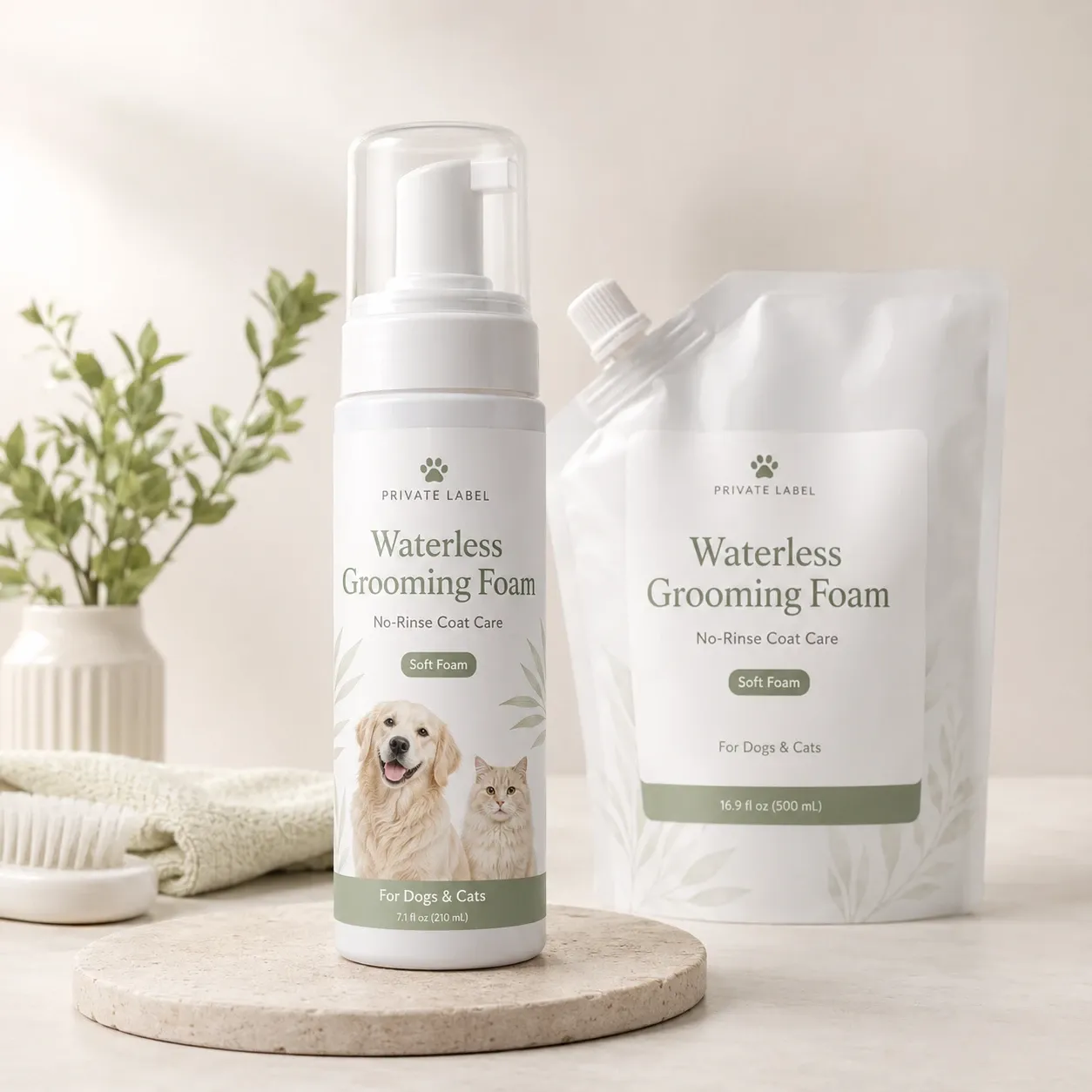 Private label waterless grooming foam bottle shown with refill pouch packaging