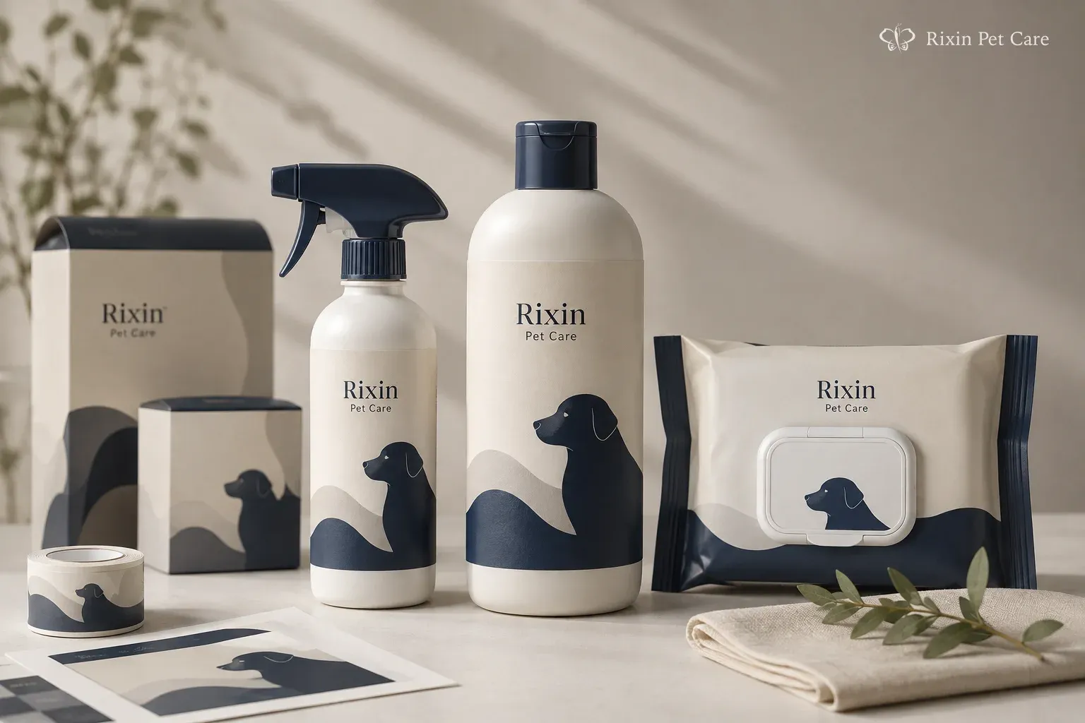 A focused three-SKU private-label pet grooming launch line arranged to show clear product roles