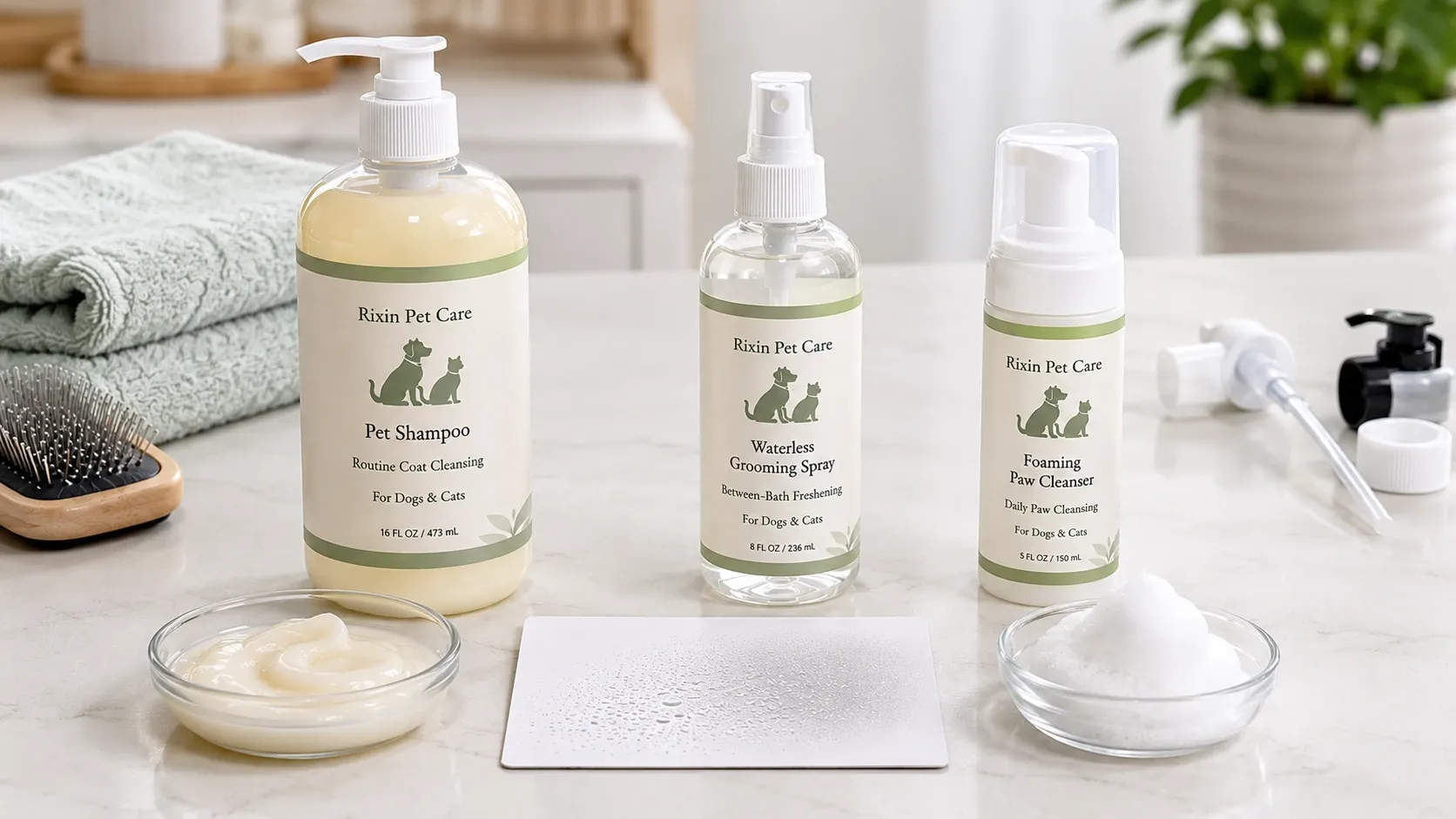 Pet shampoo, grooming spray, and foam cleanser matched with compatible packaging
