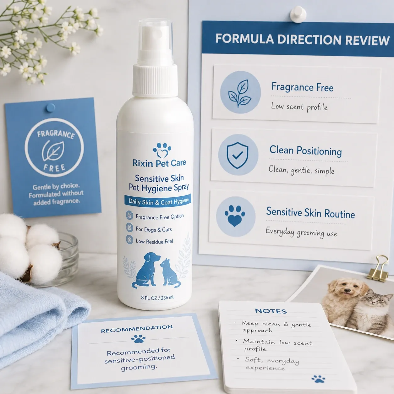 Rixin Pet Care sensitive skin pet hygiene spray with fragrance-free formula direction review board, cotton accents, and recommendation cards