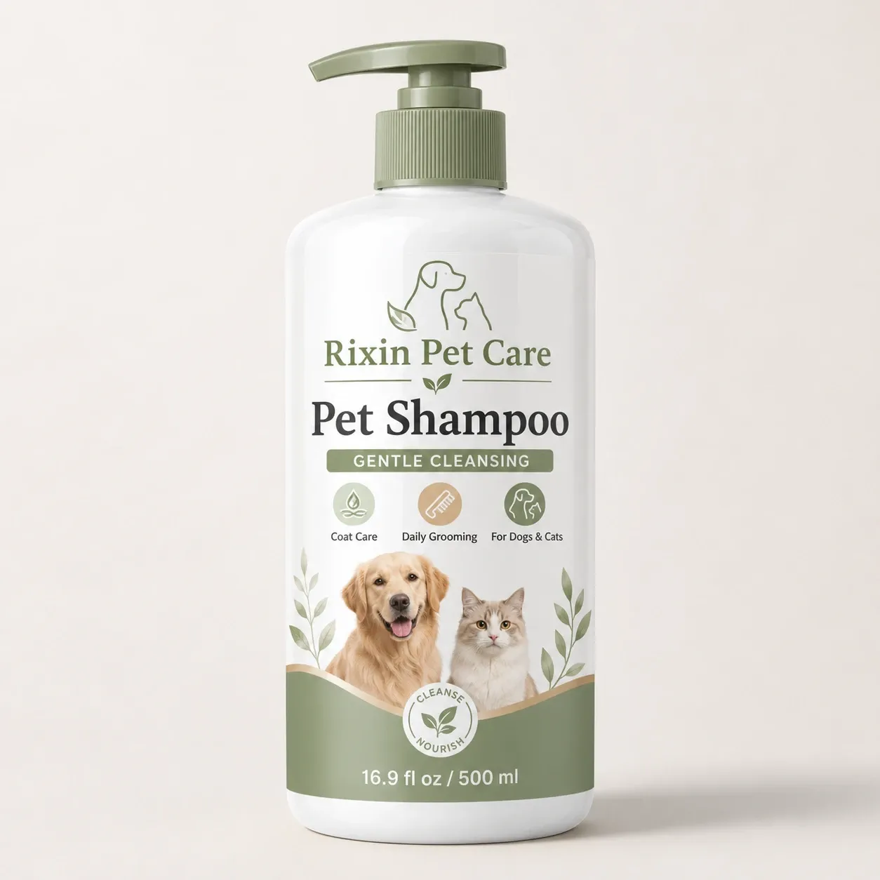 Front label view of a private label pet shampoo pump bottle