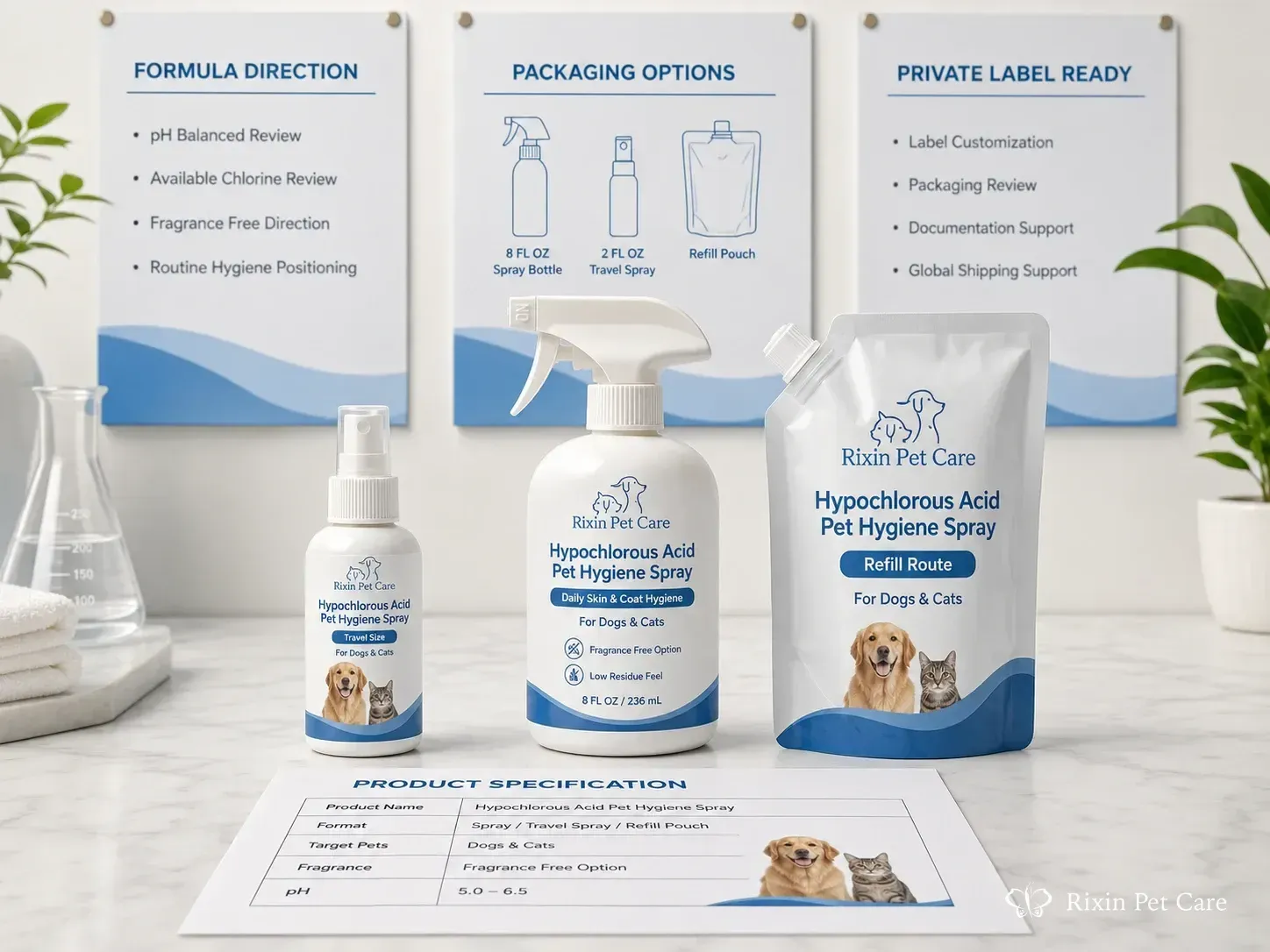 Private label HOCl pet hygiene spray bottles and packaging planning materials