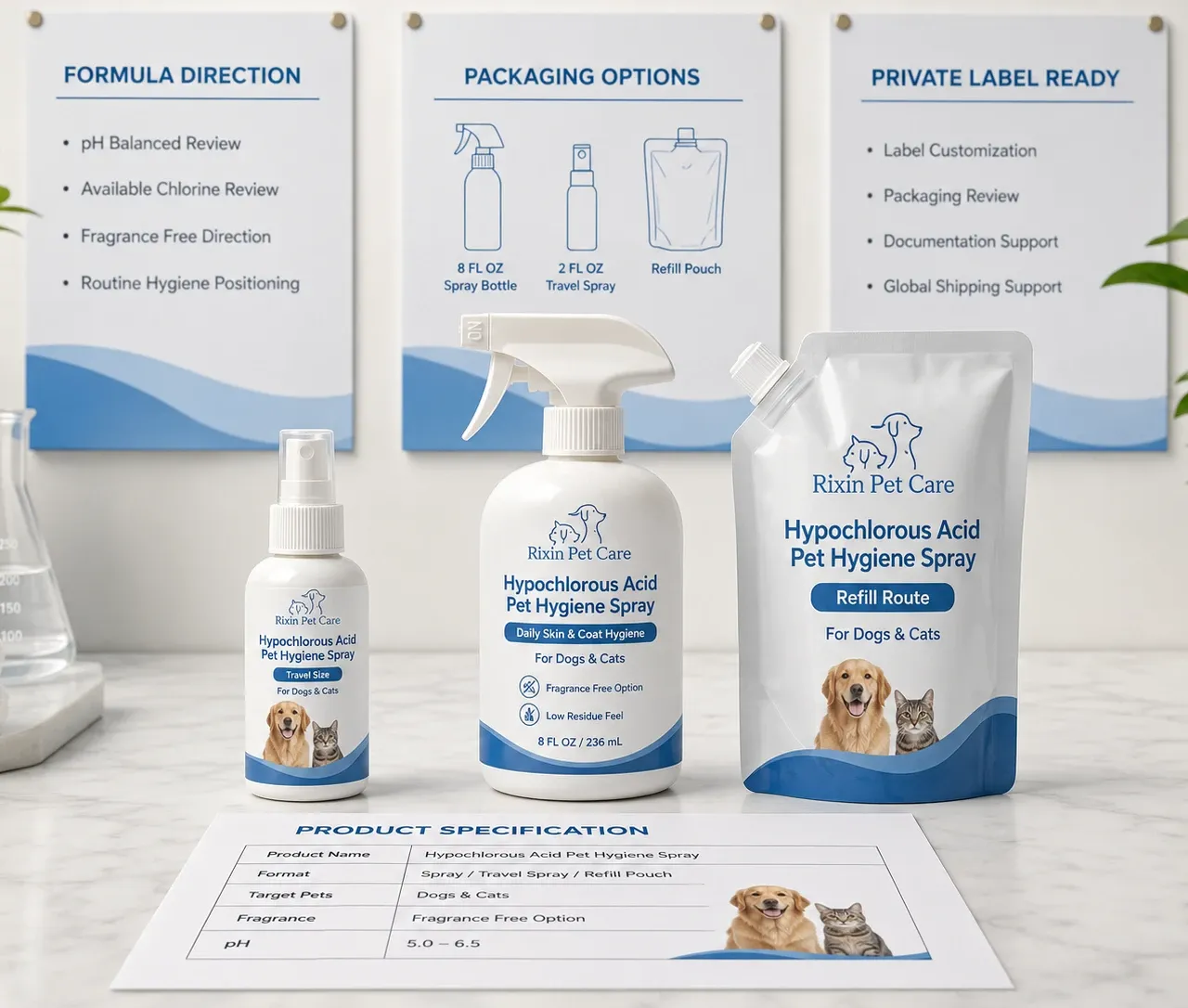 Rixin Pet Care hypochlorous acid pet hygiene spray lineup with main bottle and travel format for technical hygiene projects