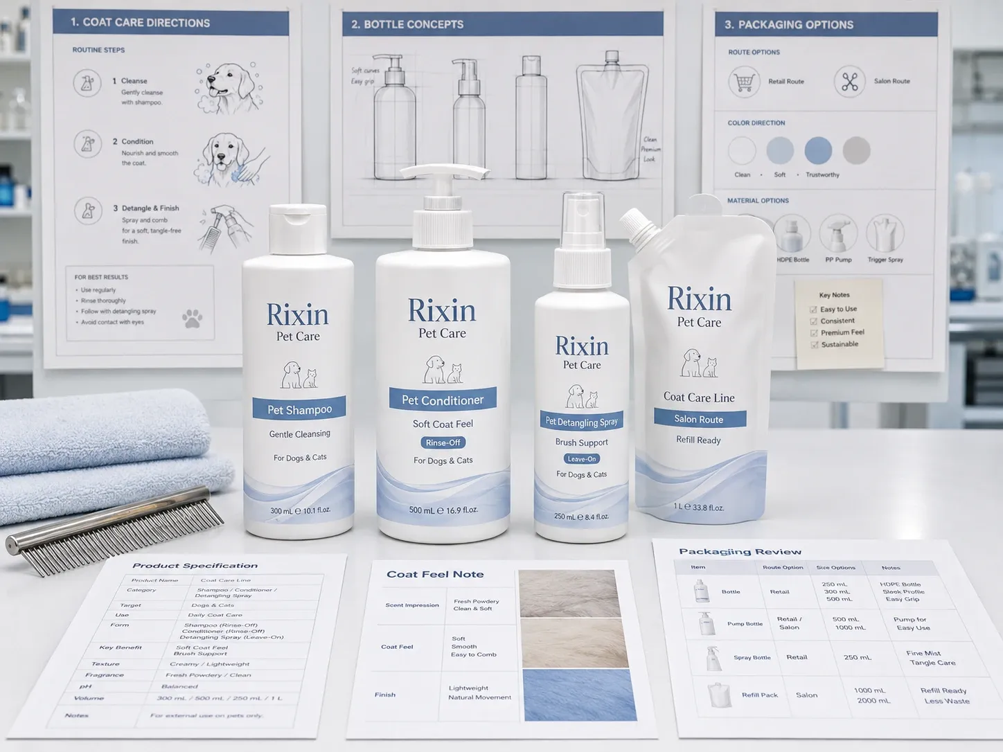 Rixin Pet Care coat-care line hero image with pet shampoo, pet conditioner, pet detangling spray, refill pouch, grooming comb, and product development boards