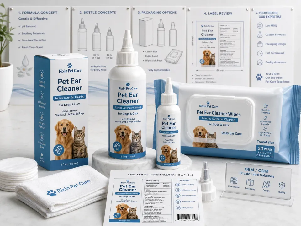 Pet ear cleaner lineup with controlled-dispensing bottles for routine ear cleaning