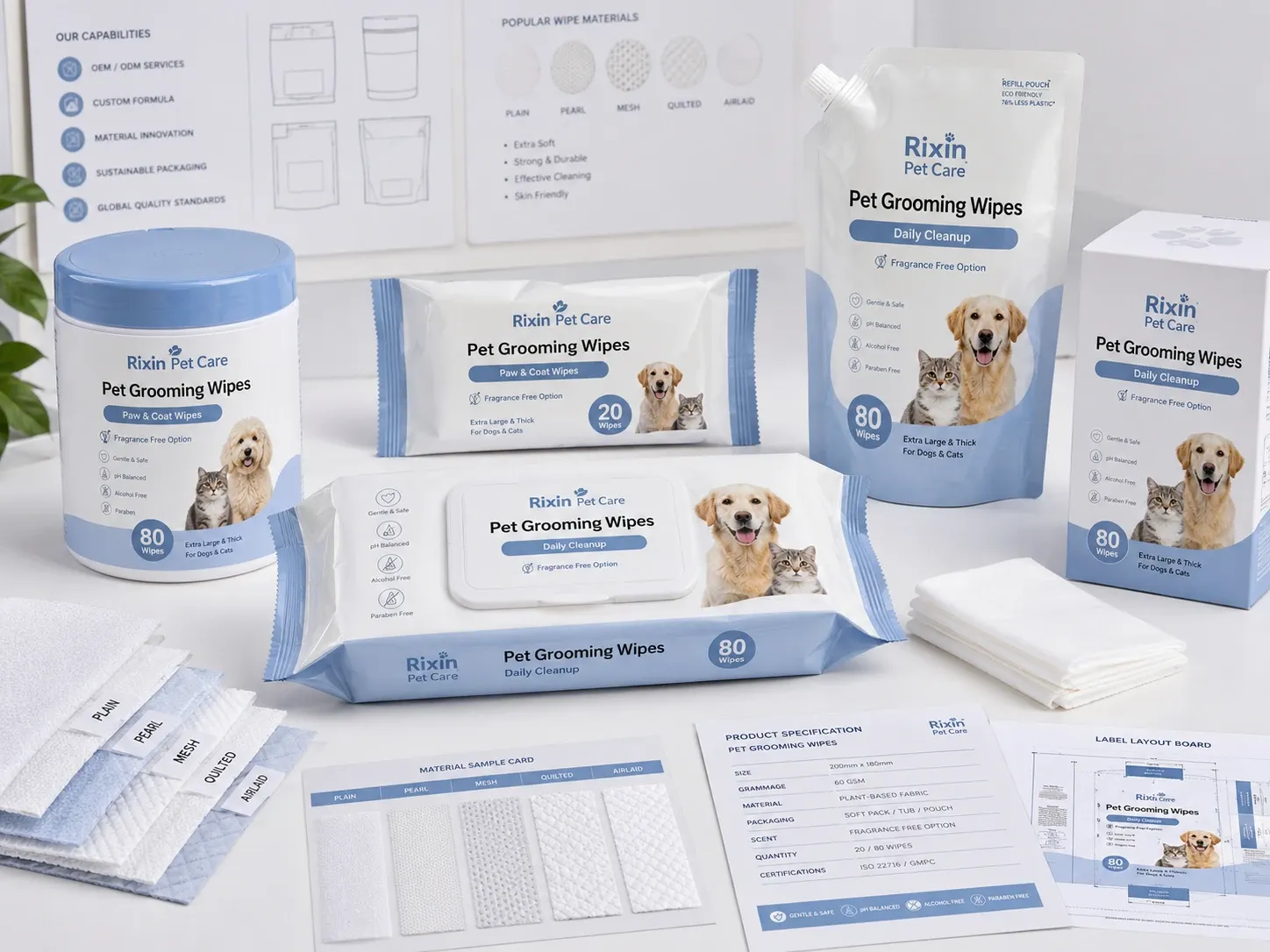Private label pet grooming wipes product family with tub, soft packs, refill pouch, carton, stacked wipes, substrate samples, and specification sheets