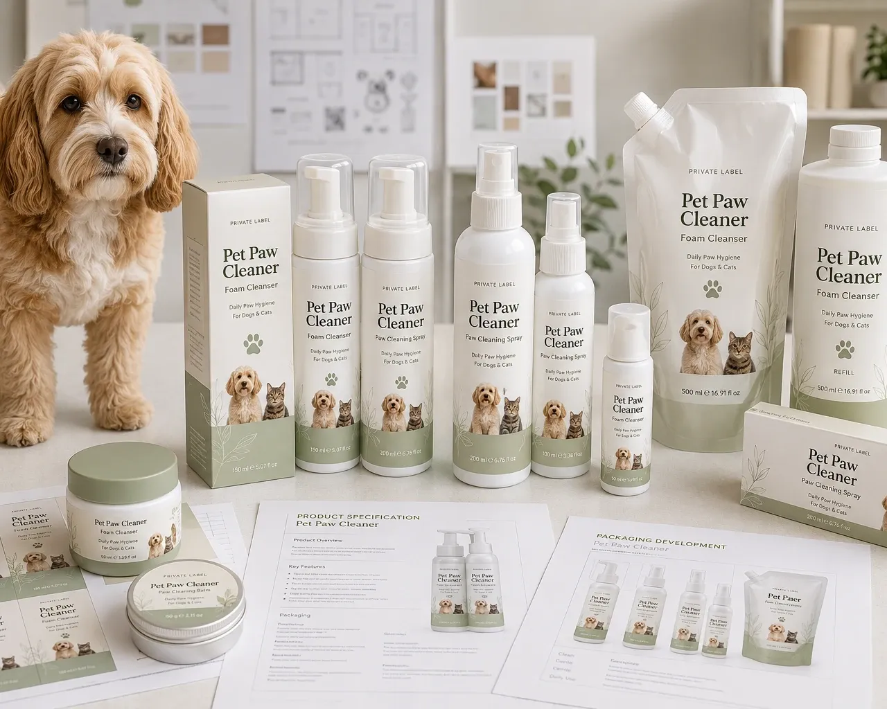Rixin Pet Care pet paw cleaner product lineup with foam pump, spray, and liquid cleanser formats for daily paw hygiene