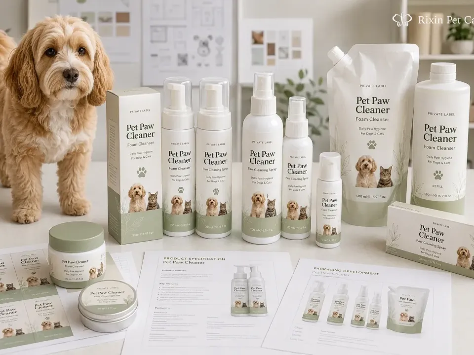 Pet paw cleaner product lineup with foam pump, spray, and liquid formats