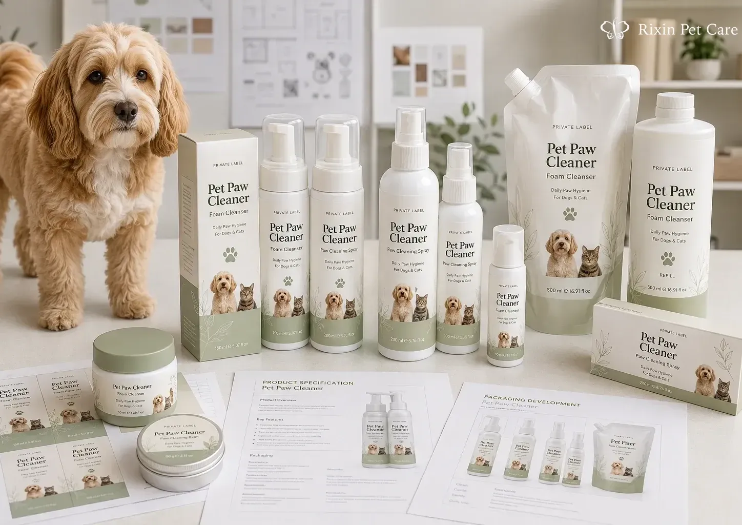 Private label pet paw cleaner packaging and formula development samples with foam, spray, refill, and a groomed dog