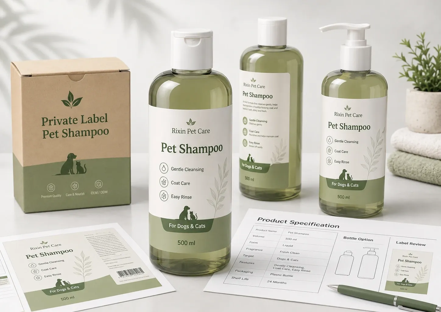 Private label pet shampoo product family with bottles, carton, label layout, and product specification sheet